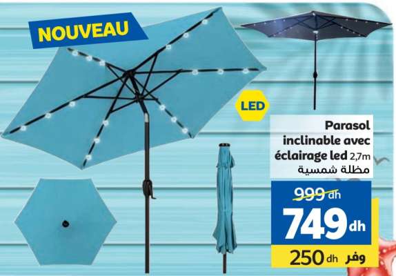 Parasol inclinable avec éclairage LED 2,7m